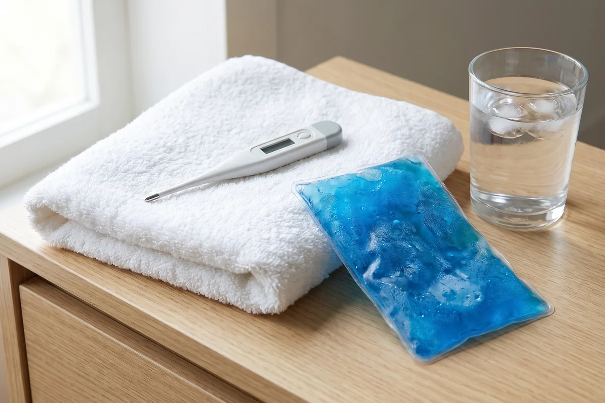 A folded towel, a thermometer, an ice pack and a glass of water on a bedside table