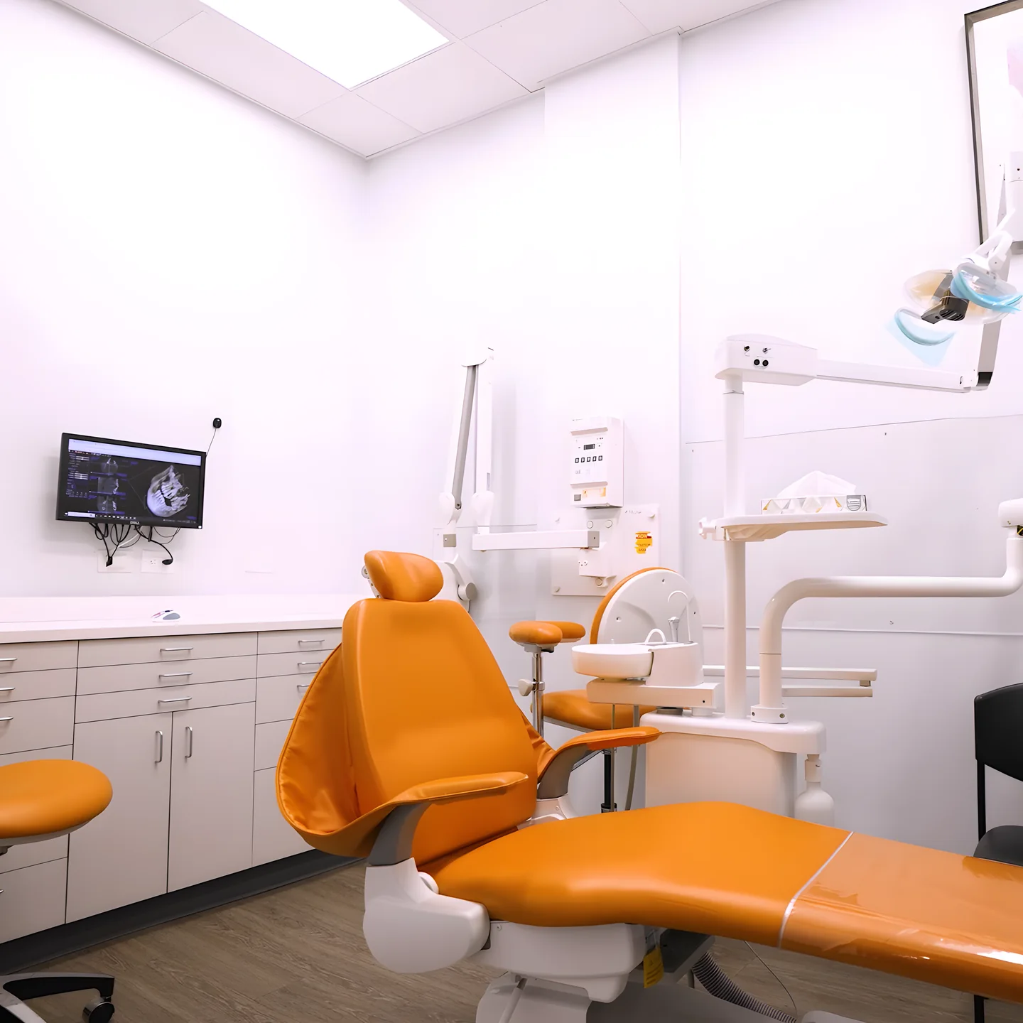 A treatment room with an orange dental chair, ready for a patient