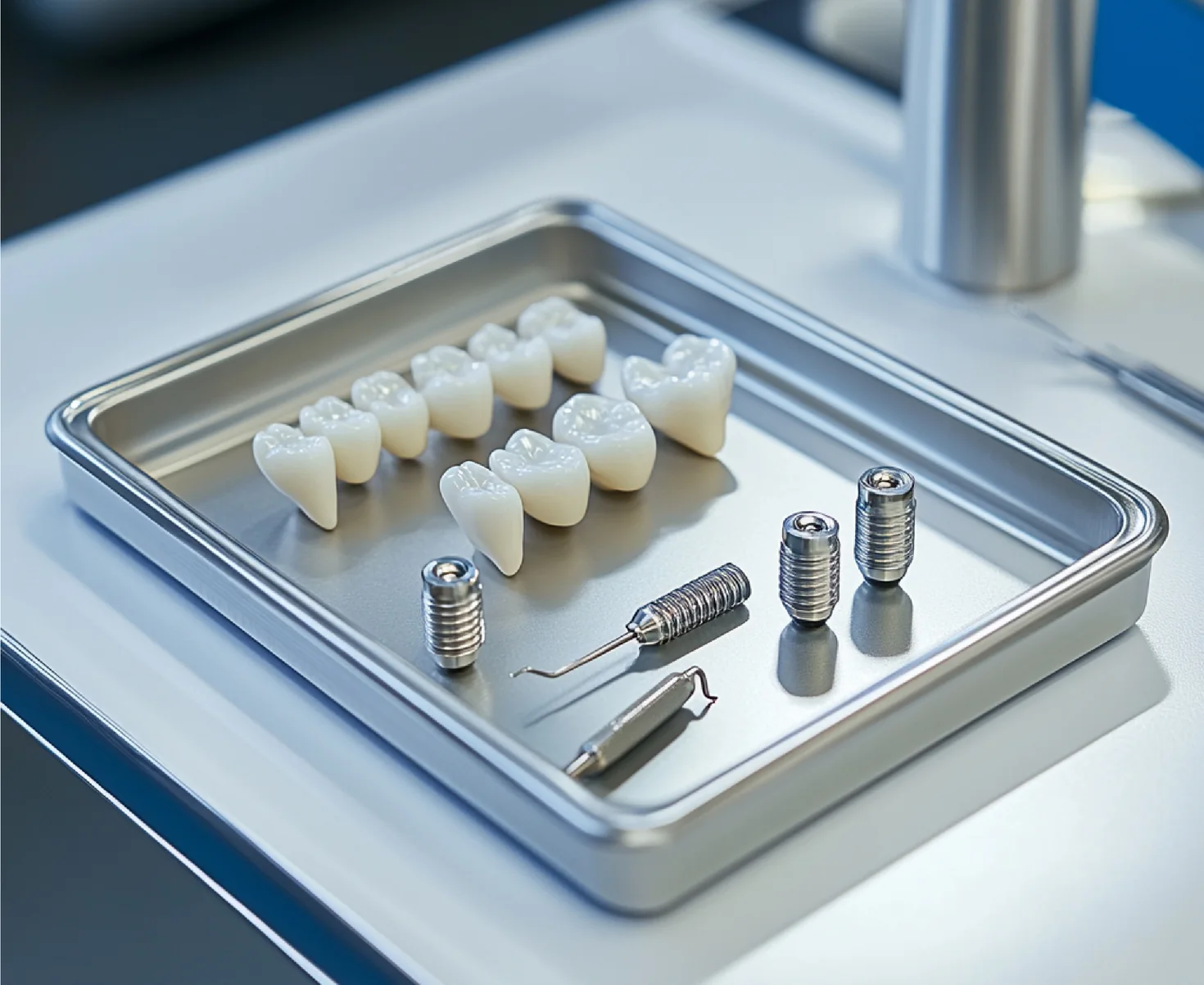 Implant parts, screws and crowns laid out in a steel tray