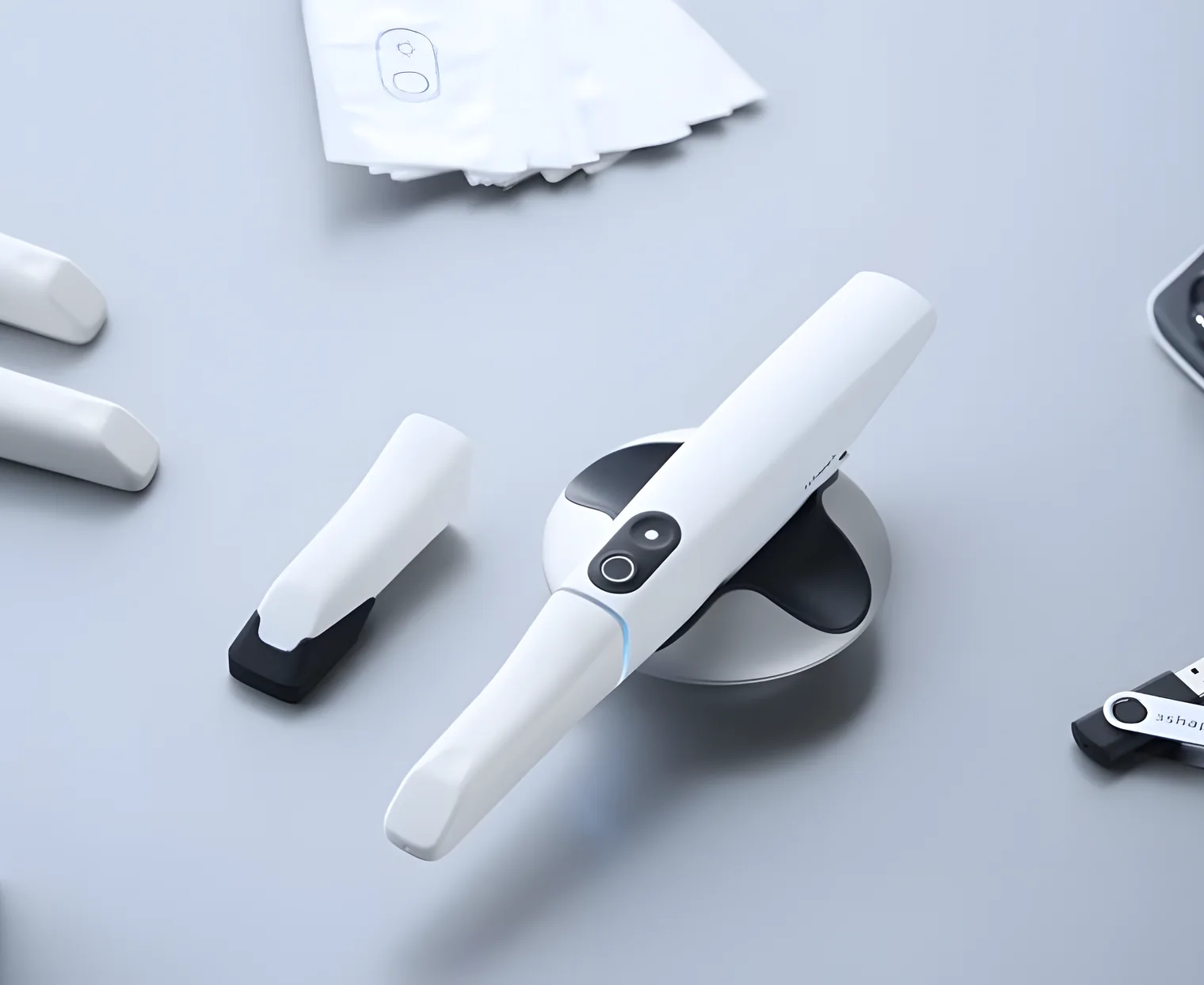 An intra-oral scanner and its 3D scan on screen