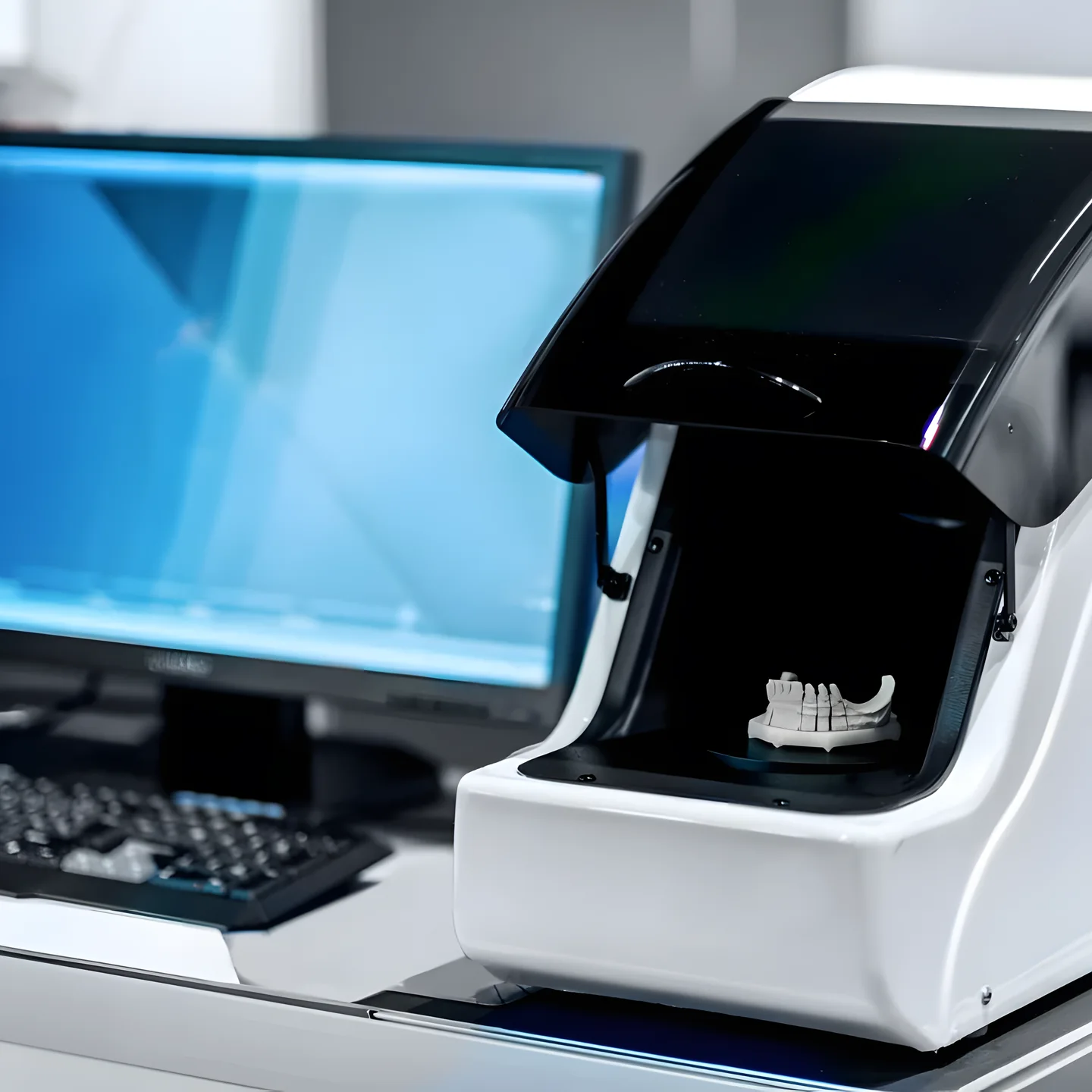 The CAD/CAM milling unit beside its design screen