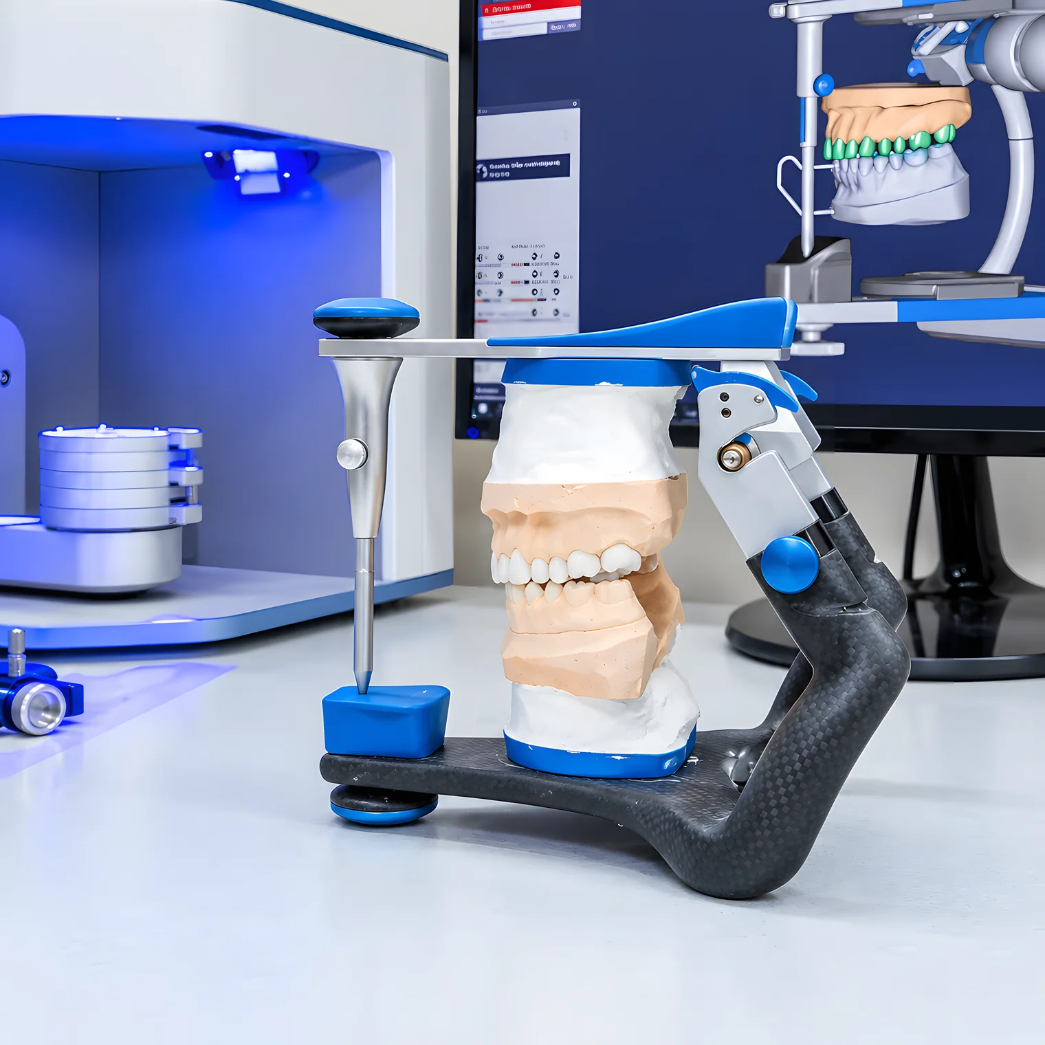 A dental lab workstation: a 3D printer, a design screen and an articulator holding a model