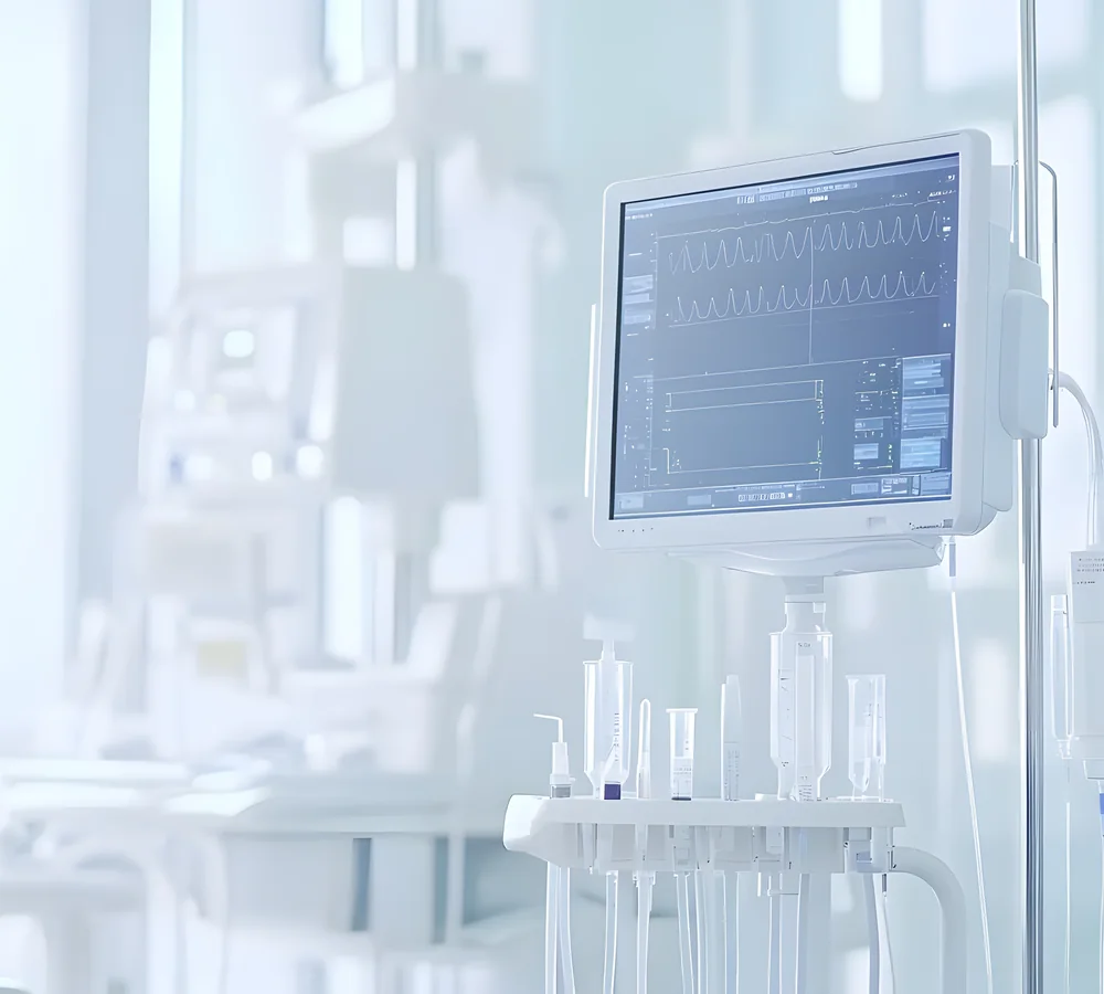 A vital-signs monitor beside the chair in a treatment room