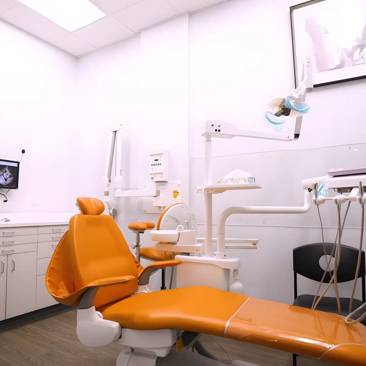 A treatment room with two orange dental chairs and a screen on the wall
