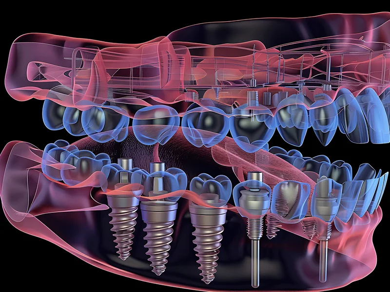 An illustration of upper and lower full arches, each fixed on several implants